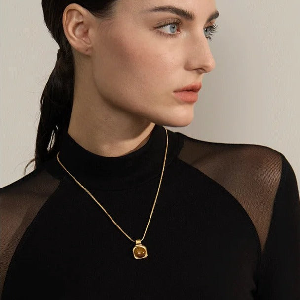 Tiger Eye Square Pendant Necklace for Courage