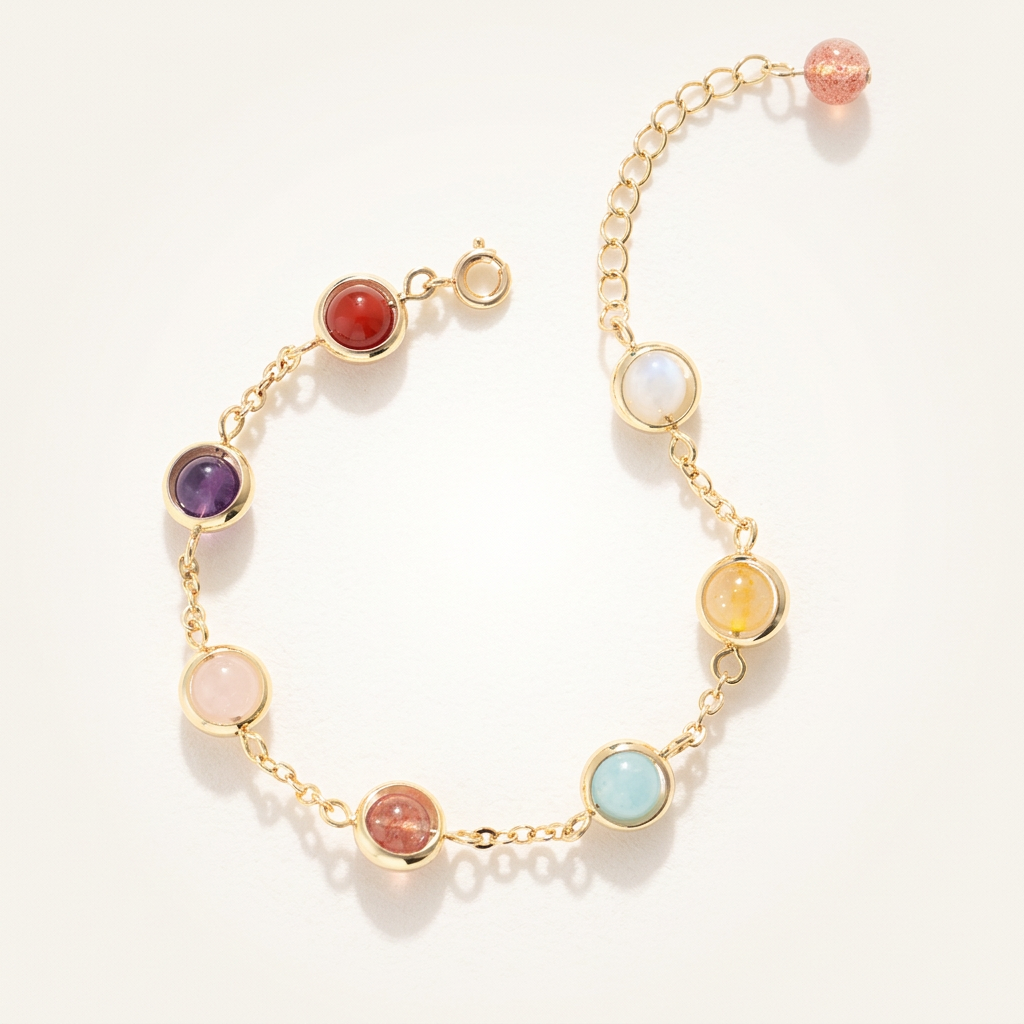 Close-up of 7 chakra bracelet with colorful beads on a soft matte background, emphasizing detailed texture and vibrant colors for chakra healing.
