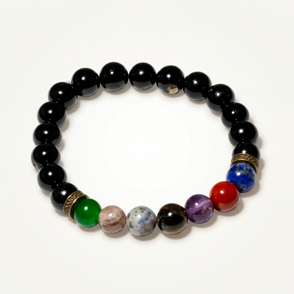 Close-up of 7 Chakra with Tourmaline bracelet on a neutral background, highlighting its vibrant colors and protective properties.