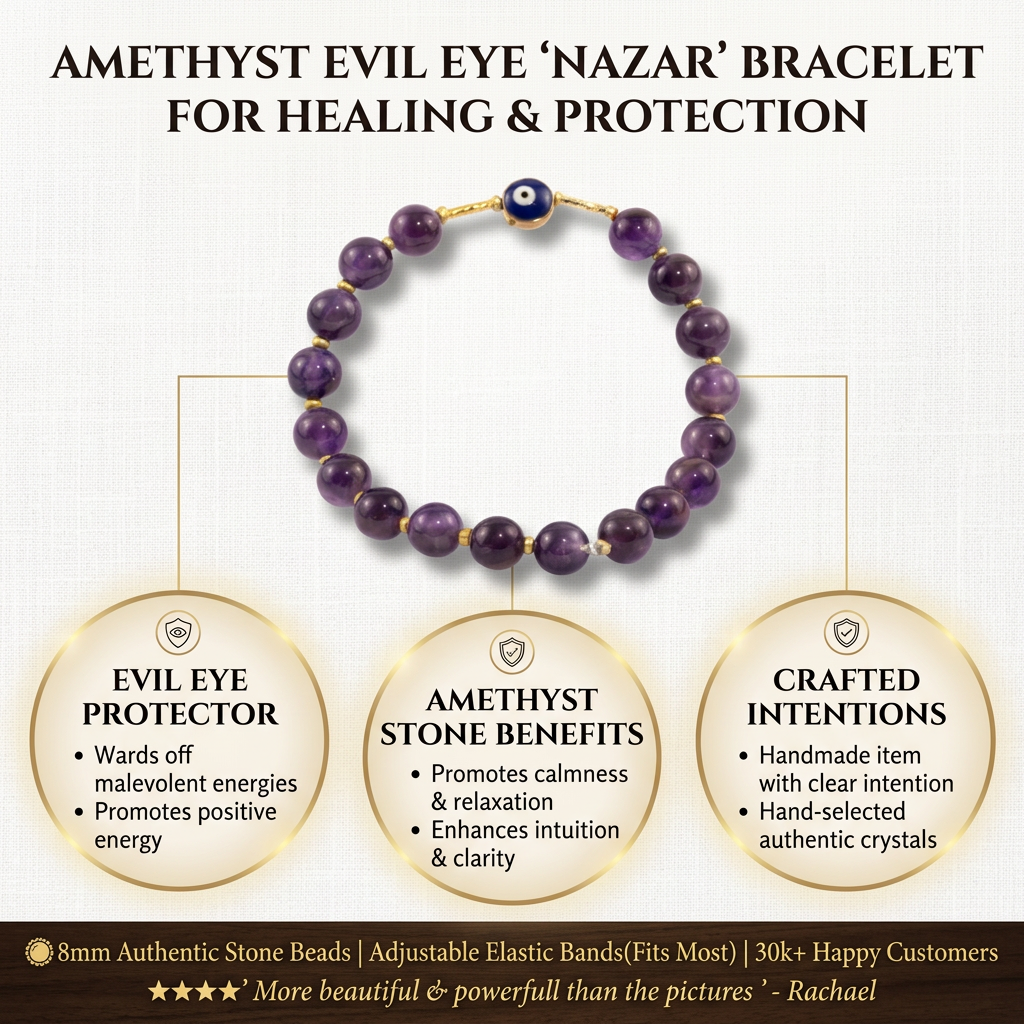Elegant product infographic showcasing an Amethyst Evil Eye Nazar bracelet for healing and protection with a luxurious linen background and detailed information sections.