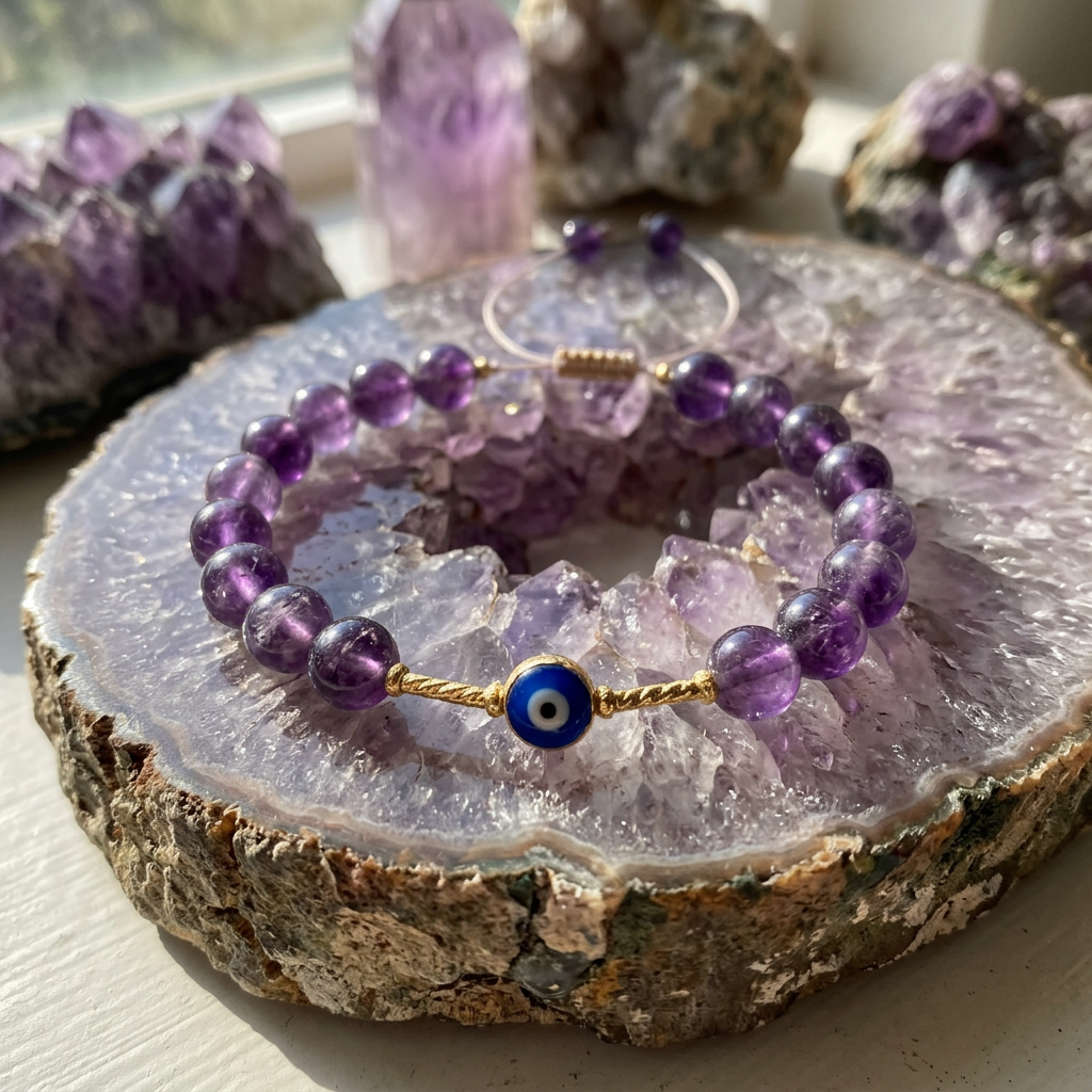 Amethyst evil eye Nazar bracelet designed for healing and protection