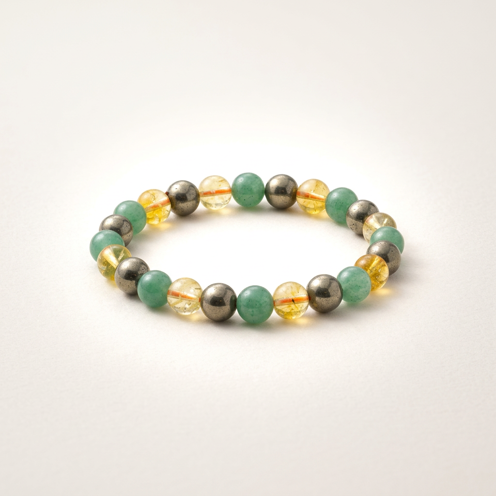 Elegant bracelet featuring aventurine, pyrite, and citrine beads on a soft, high-key background highlighting its luxurious appeal.