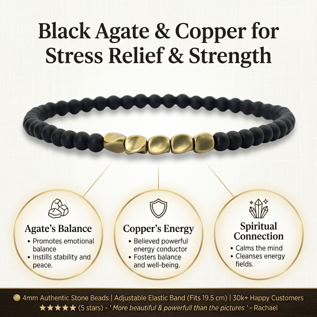 Elegant e-commerce infographic showcasing black agate and copper stress relief jewelry on textured linen background with product and benefits.