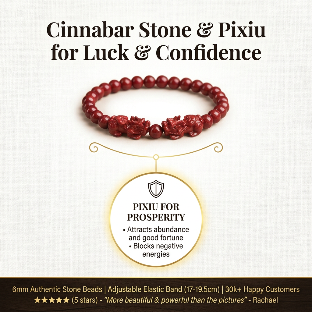 Elegant e-commerce infographic showcasing cinnabar stone and pixiu jewelry on a textured linen background with detailed product and benefit information.