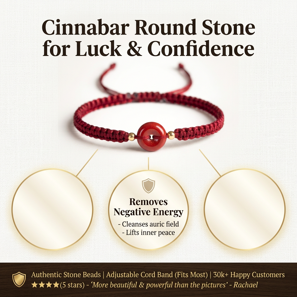 Elegant infographic showcasing a Cinnabar round stone for luck and confidence on a textured linen background with detailed product and benefits