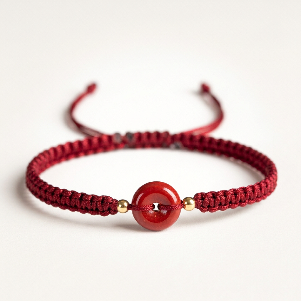 Close-up of a circular cinnabar stone for luck and confidence, set against a professional jewelry photography background with soft lighting and detailed texture.