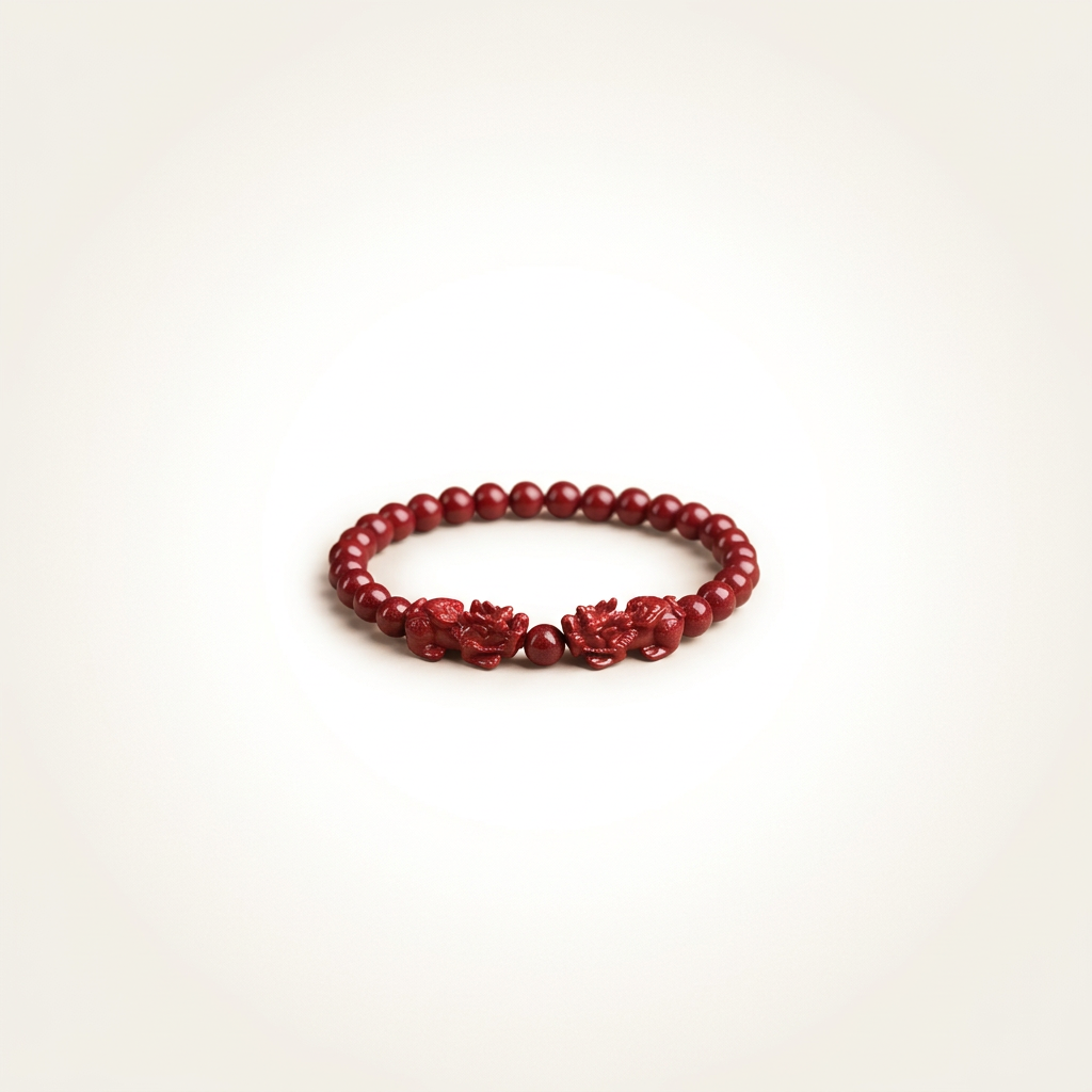 Close-up of cinnabar stone and Pixiu jewelry for luck and confidence, on a soft matte background with high-key lighting and detailed visualization.