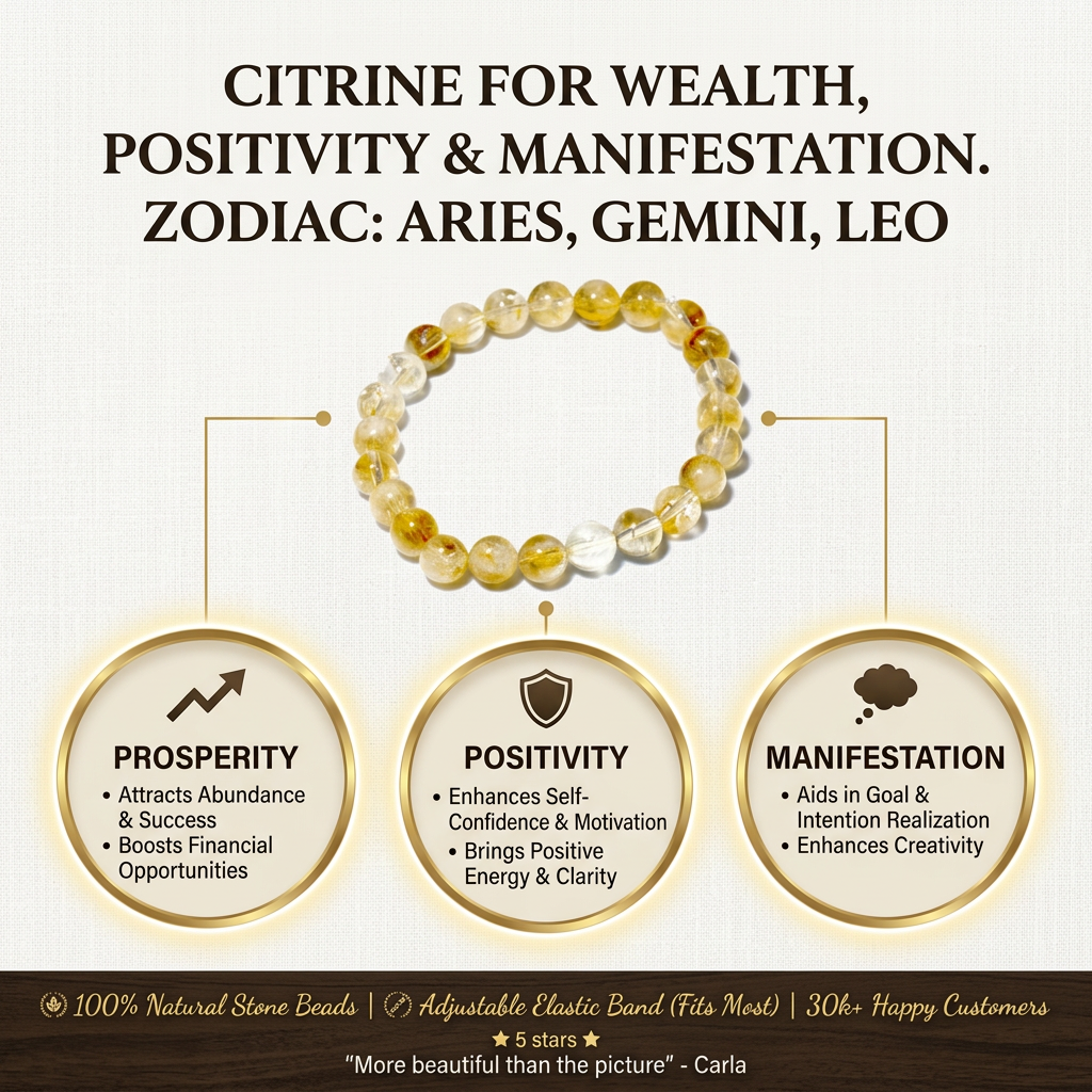 Elegant e-commerce infographic showcasing citrine jewelry for wealth and positivity, featuring a luxurious design with gold accents and natural lighting.