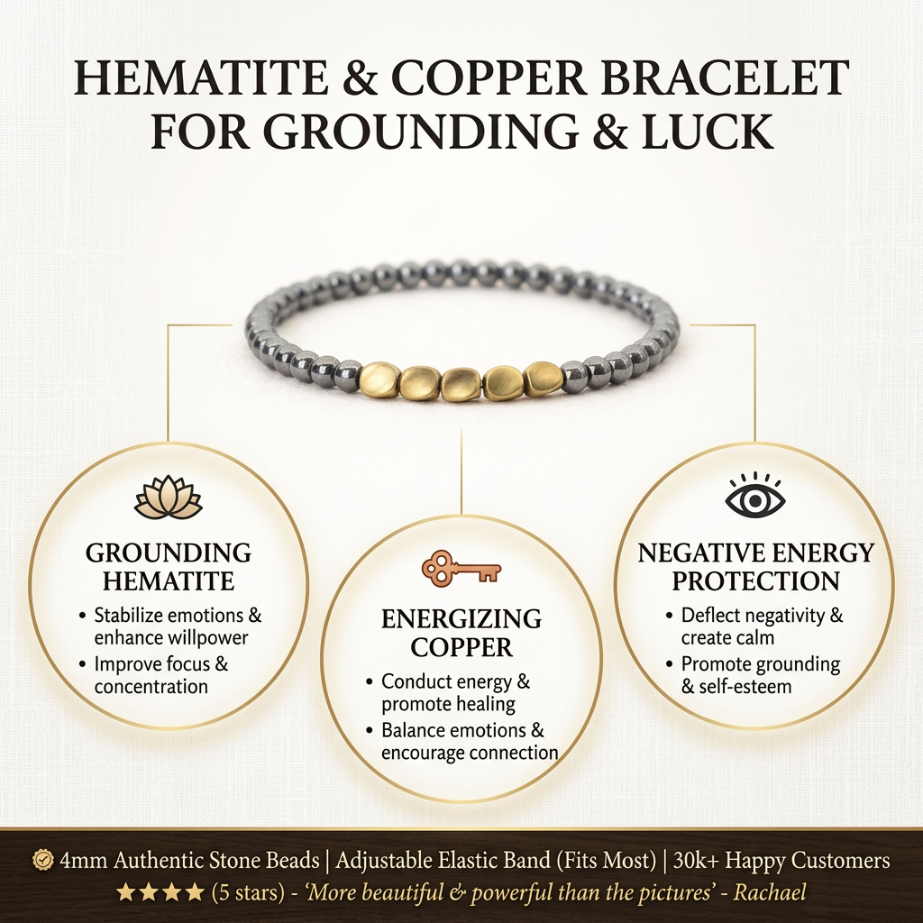 Elegant image of hematite and copper bracelet on textured linen background, highlighting its grounding and luck-enhancing properties.