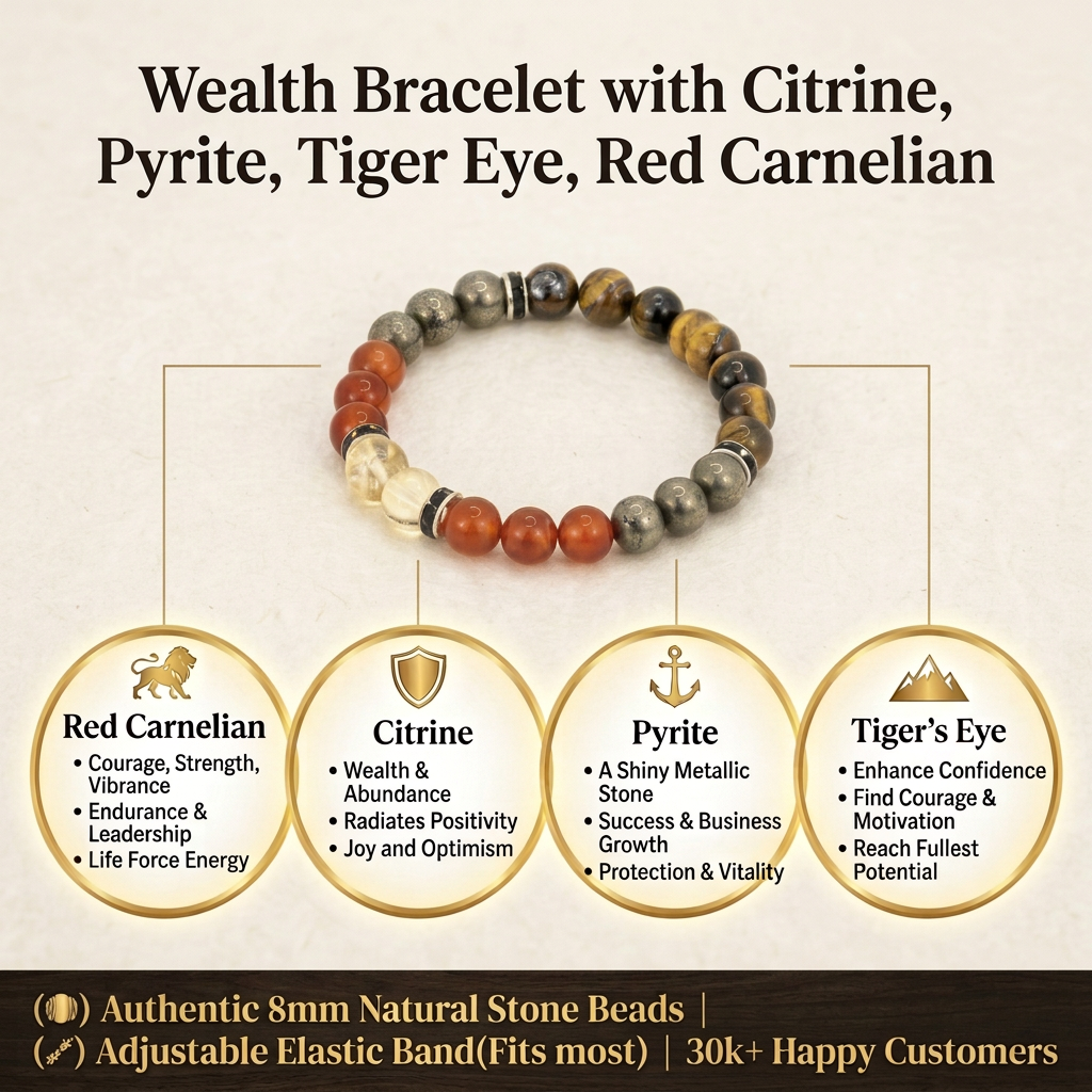 Elegant wealth bracelet featuring citrine, pyrite, tiger eye, and red carnelian stones, styled with a luxurious footer design and clear feature circles.