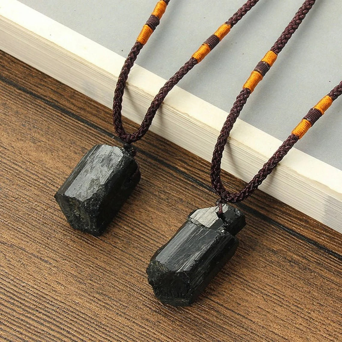 Raw Black Tourmaline Stone in Rope Necklace for Protection