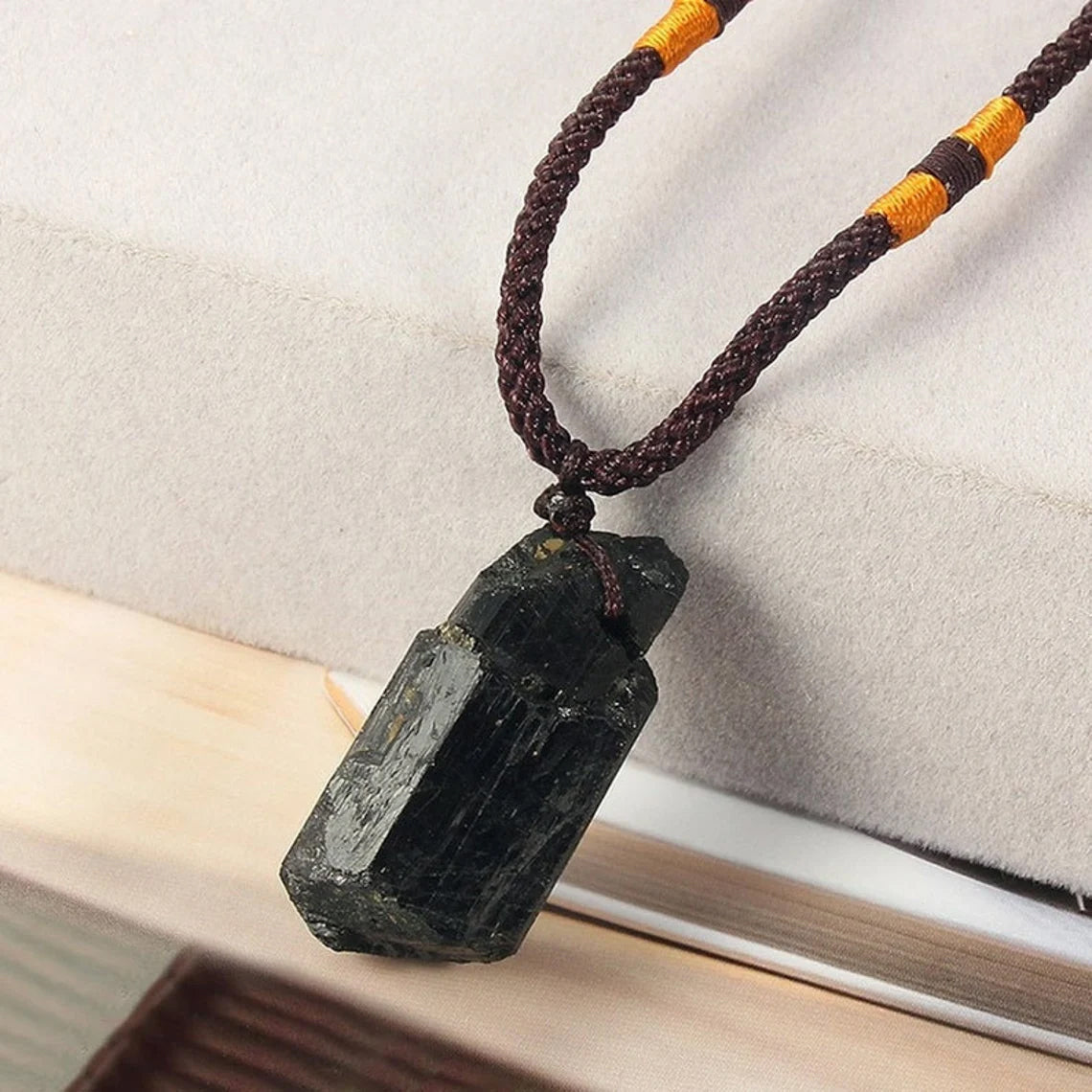 Raw Black Tourmaline Stone in Rope Necklace for Protection