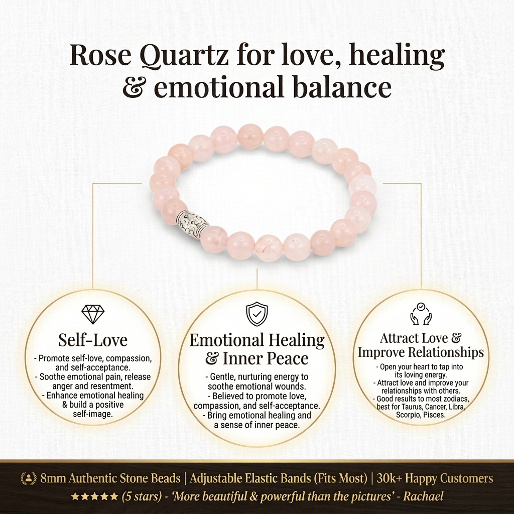 Rose Quartz gemstone promoting love, healing, peace, and emotional balance with nurturing energy for self-acceptance and relationship improvement.