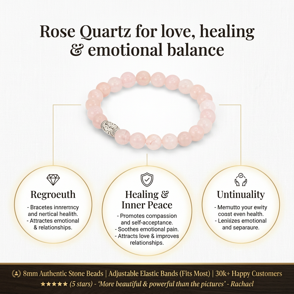 Elegant infographic showcasing rose quartz jewelry for love, healing, and emotional balance on textured linen background with detailed product features.