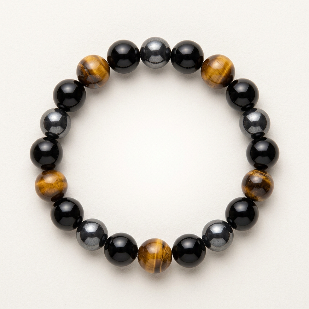 Close-up of a tripple protection bracelet featuring tiger eye, black onyx, and hematite beads on a soft, matte background with soft lighting.