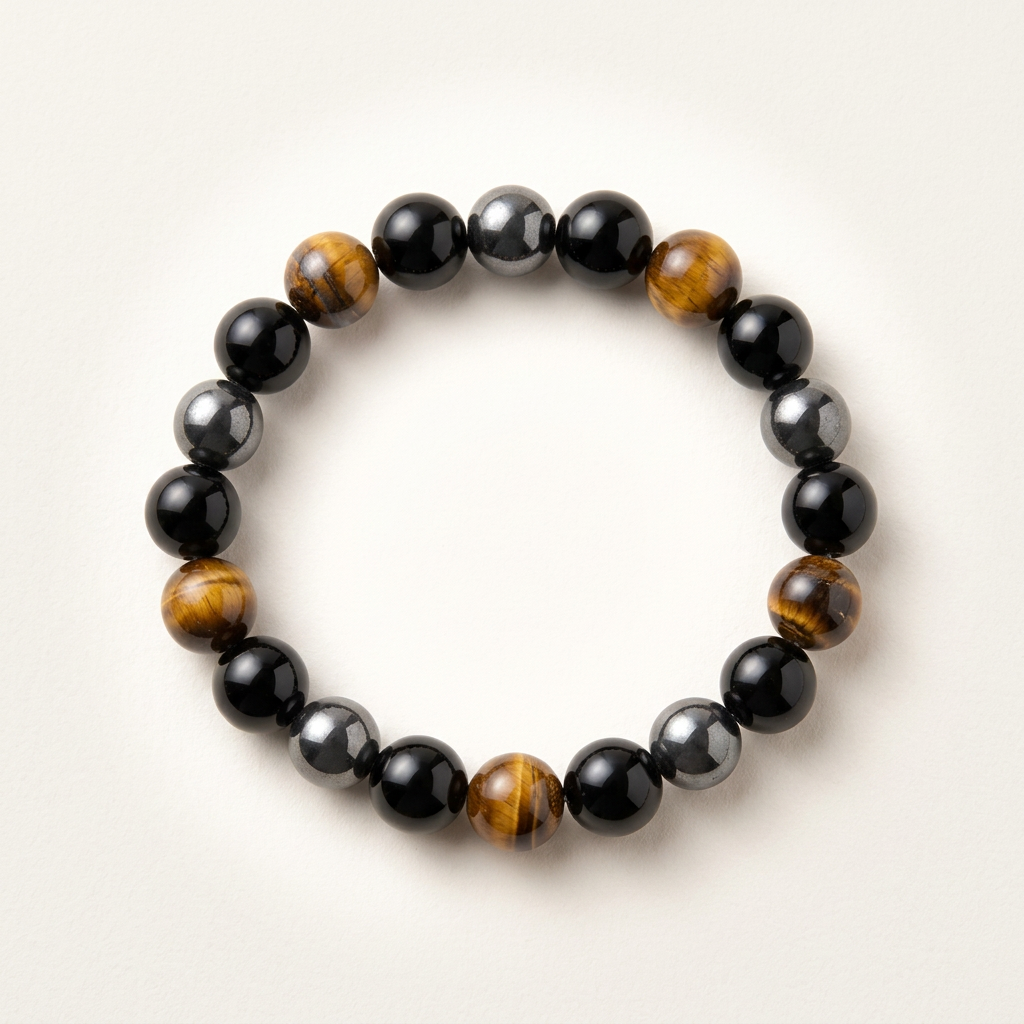 Close-up of Tiger Eye, Black Onyx, and Hematite triple protection bracelet with detailed focus, soft lighting, and neutral background for jewelry display.