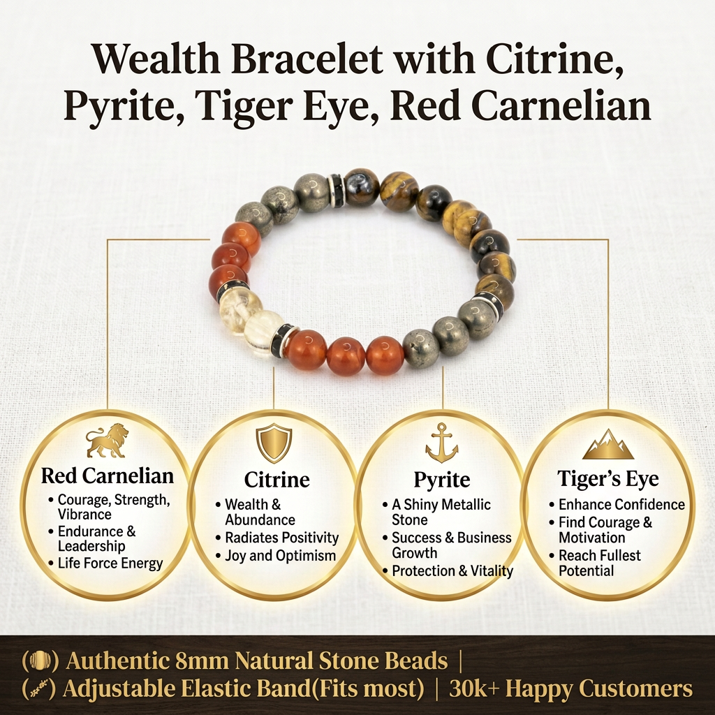 Elegant wealth bracelet featuring Citrine, Pyrite, Tiger Eye, and Red Carnelian beads, showcasing natural stones and adjustable elastic band.