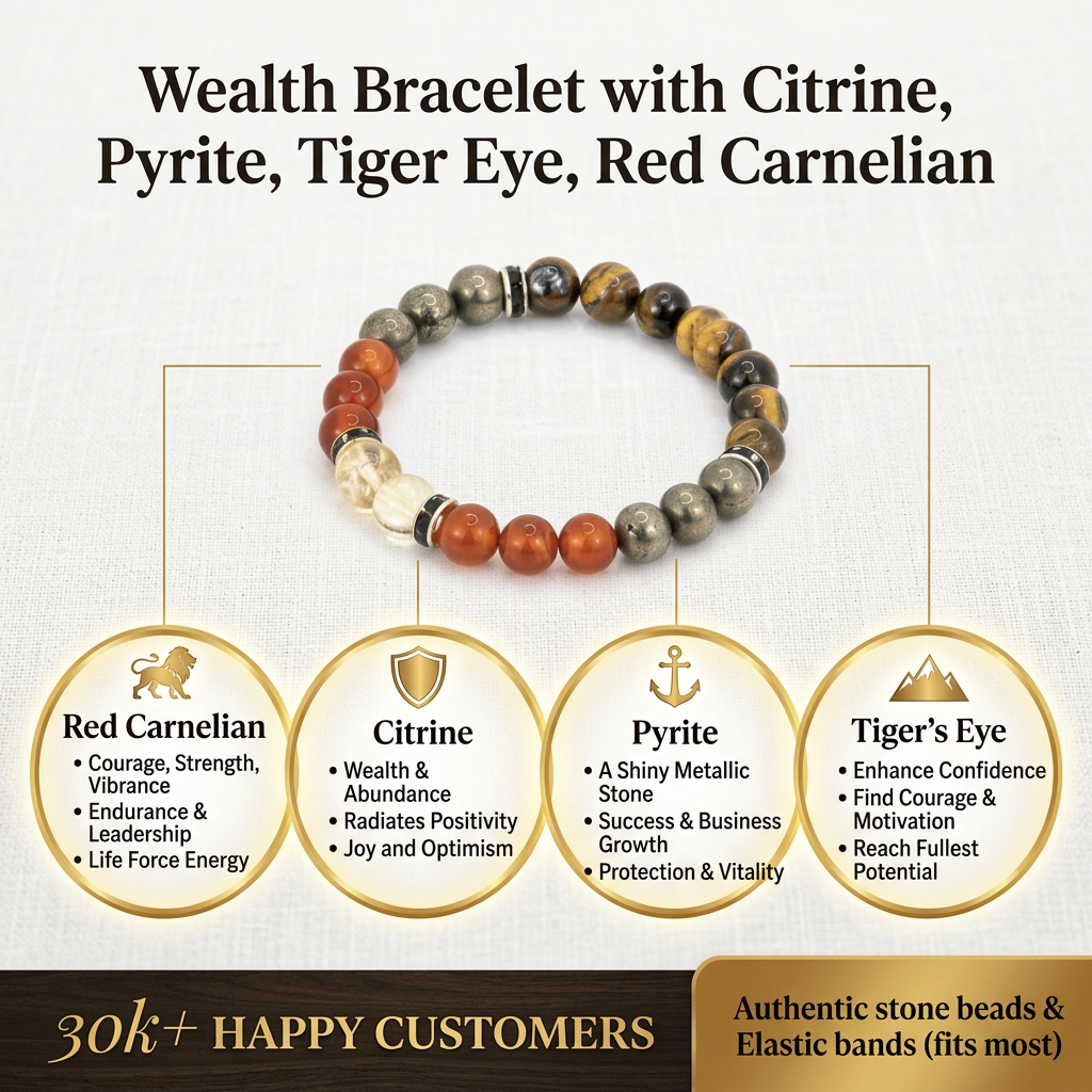 Elegant infographic showcasing a luxury wealth bracelet with citrine, pyrite, tiger eye, and red carnelian on a textured linen background.