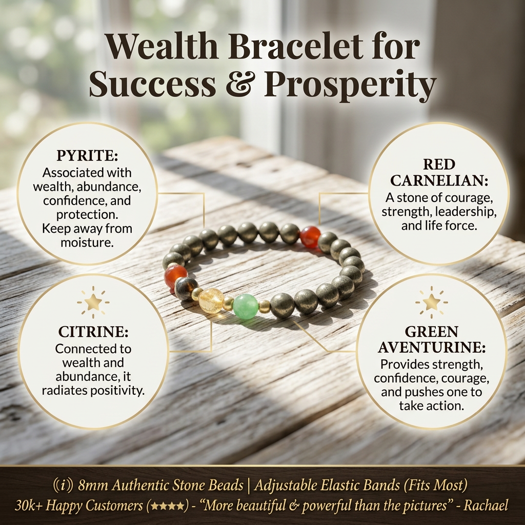 Close-up of a wealth bracelet featuring pyrite, red carnelian, citrine, and green aventurine beads, arranged in a pyramid gypsy-style design on a neutral background.