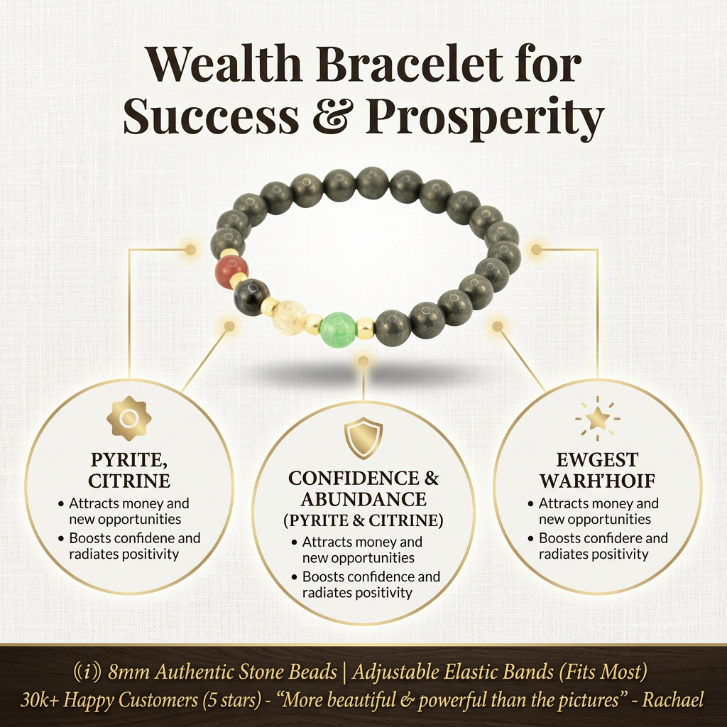 Elegant product infographic of wealth bracelet with pyrite, citrine, red carnelian, and green aventurine on textured linen background.