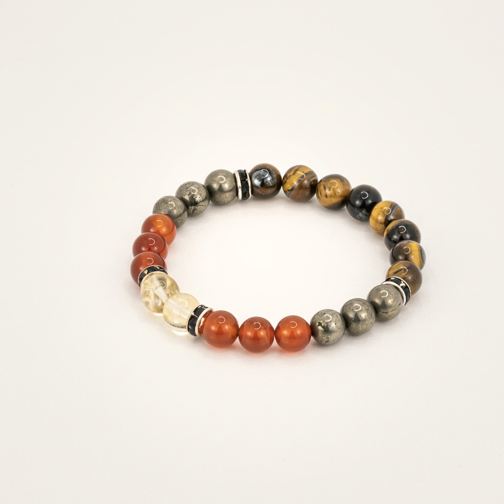 Close-up of a luxury wealth bracelet featuring citrine, pyrite, tiger eye, and red carnelian beads on a professional jewelry photography background.